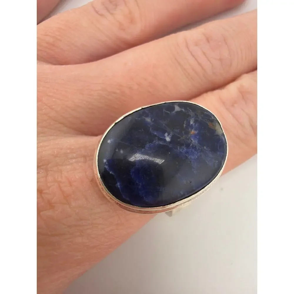Deep Blue Oval Sodalite 925 Sterling Silver Ring Size 8.5